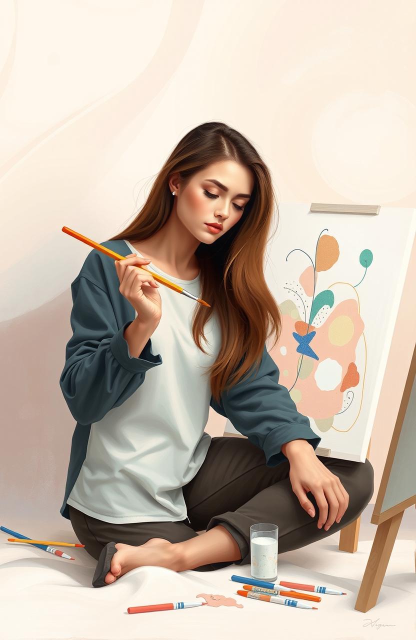 A minimalist and simple painting depicting a woman engrossed in her art, using a paintbrush to create a colorful abstract piece on a canvas