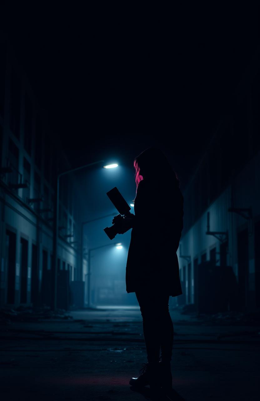 In a dark, abandoned factory setting, illuminated by a single flickering streetlight, creating a haunting and eerie atmosphere