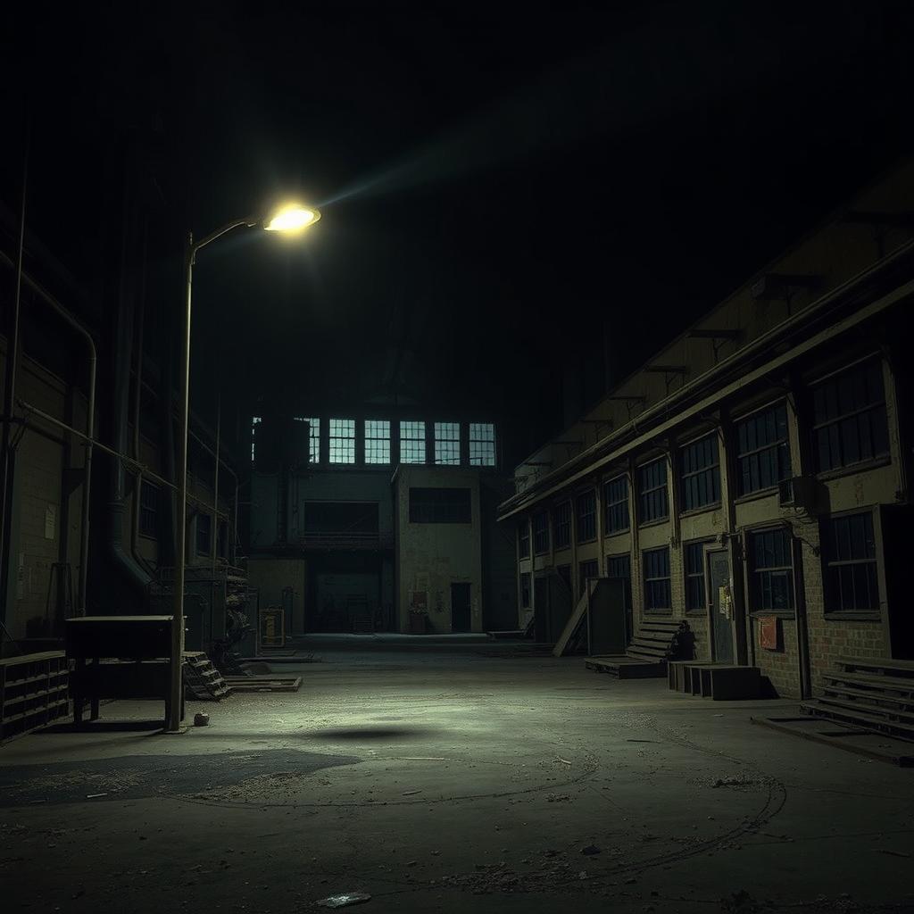 A dark, abandoned factory setting, characterized by a single flickering streetlight that casts eerie shadows, enhancing the haunting atmosphere of the scene