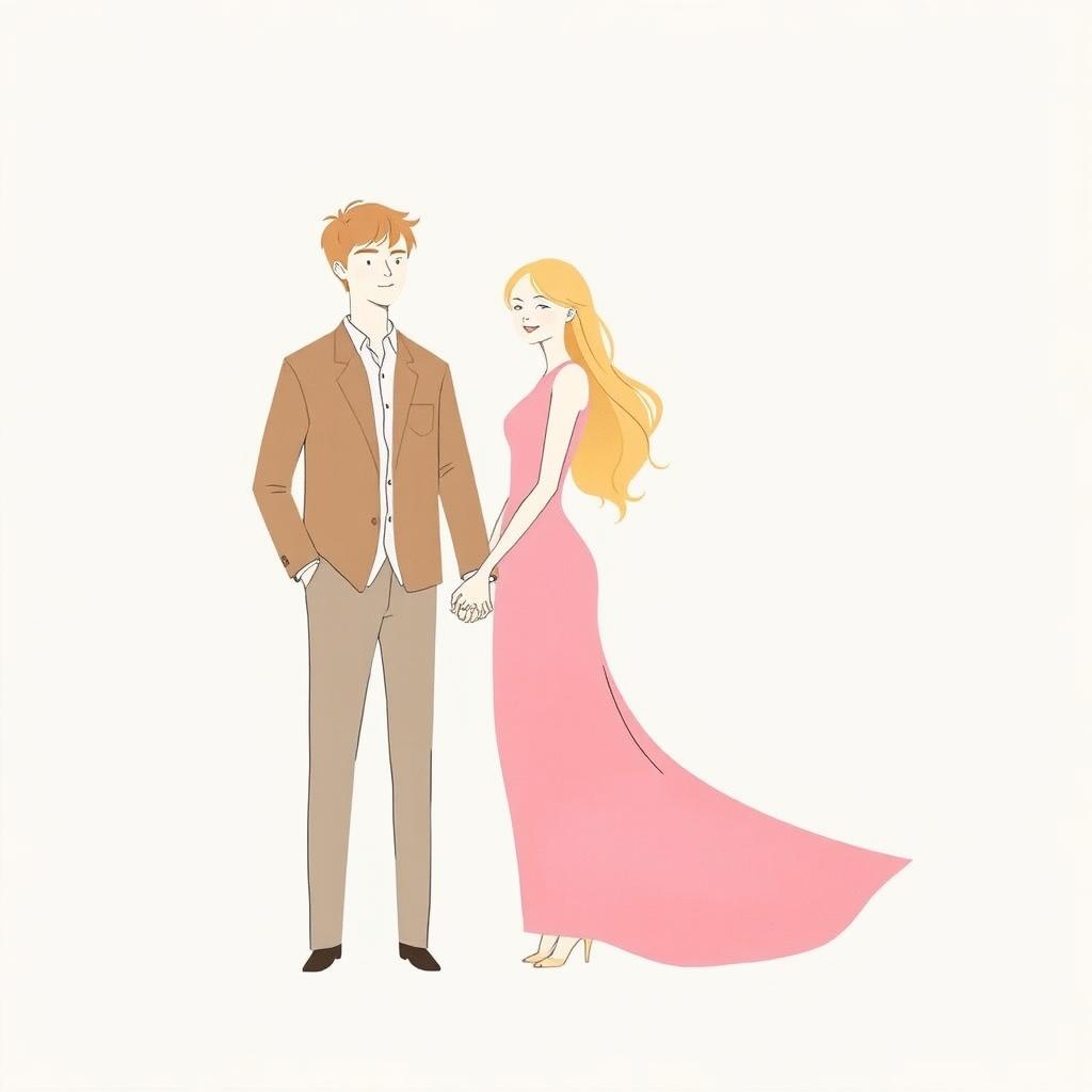 A minimalist and very simple painting featuring a woman dressed in a soft pink dress holding hands with a man