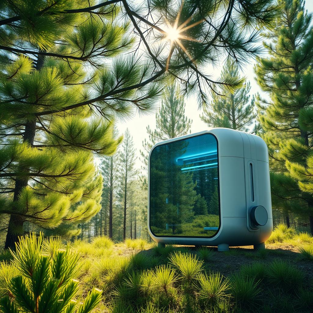 Design a futuristic bioenergy generator for electric power set against the stunning backdrop of Siberian nature, featuring lush green spruce trees in the summer