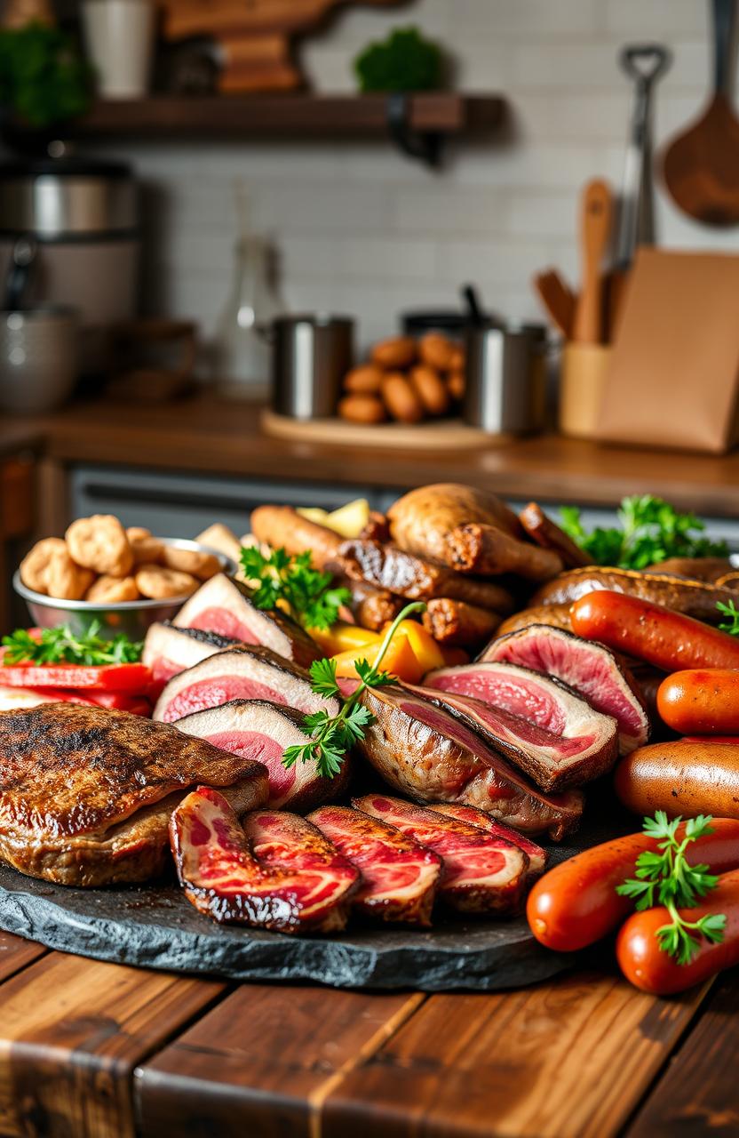 A visually appealing representation of a carnivore diet, showcasing an array of succulent meats including juicy steaks, crispy bacon, tender chicken, and vibrant sausages, all beautifully arranged on a rustic wooden table