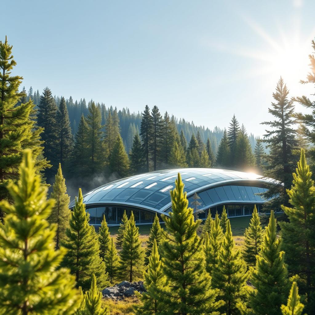 Design a futuristic geothermal energy source set against the magnificent backdrop of Siberian nature, surrounded by lush green spruce trees in the height of summer