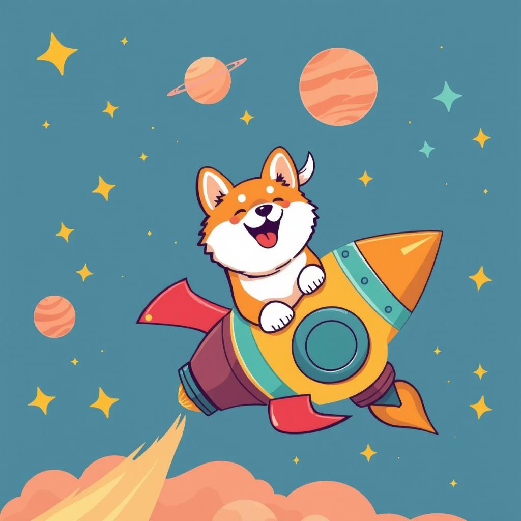 A fun and whimsical scene depicting an Akita Inu dog, full of personality and charm, riding a colorful rocket ship with a vibrant design