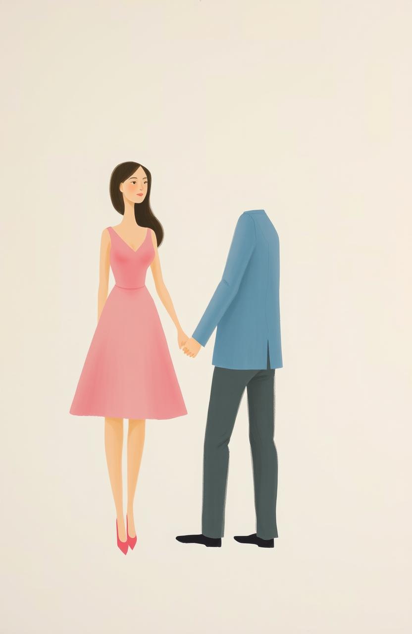 A minimalist painting depicting a woman wearing a pink dress, holding hands with a man