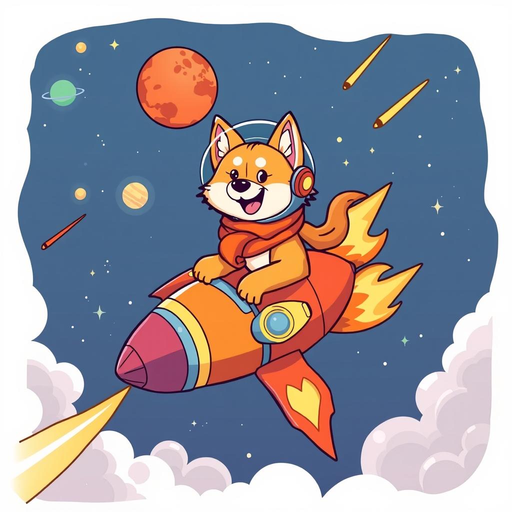 A playful illustration of a confident Akita Inu dog riding a colorful rocket ship, zooming through space towards Mars