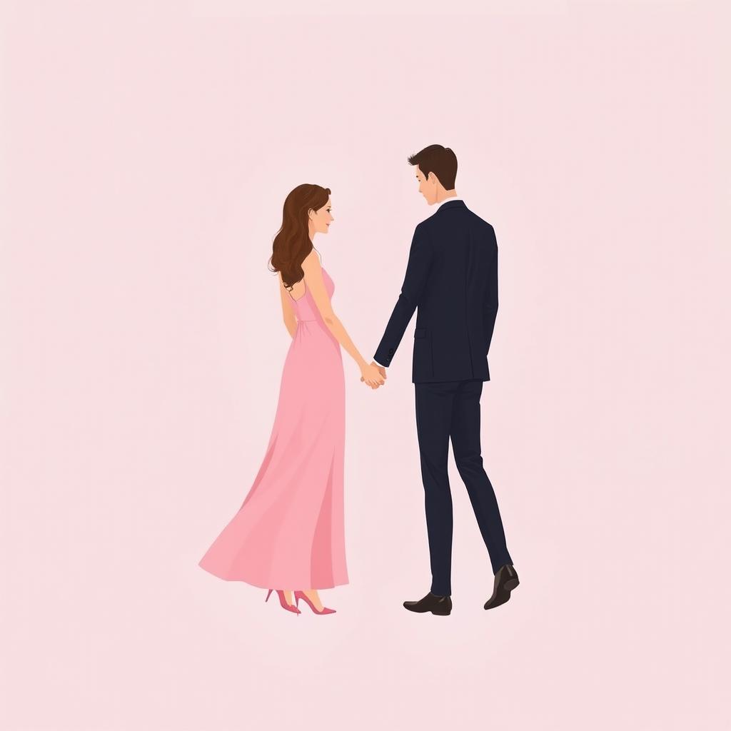 A minimalist painting featuring a woman in a pink dress holding hands with a man