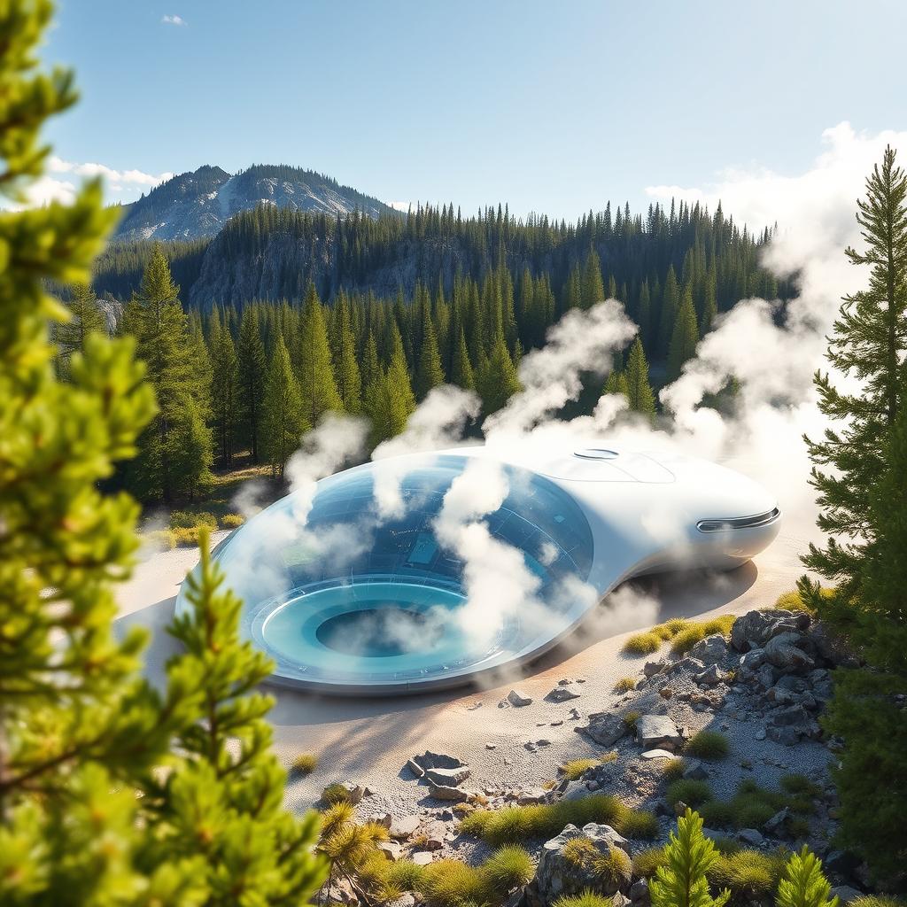 Design a futuristic geothermal energy source set against the dramatic backdrop of geothermal geysers, surrounded by the pristine Siberian nature with lush green spruce trees in the summer