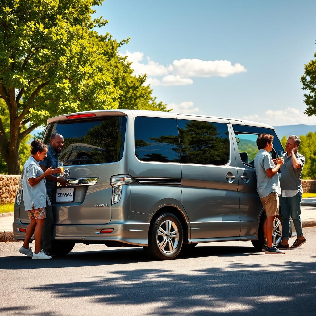 A side view of a Nissan Serena van parked on a scenic street, surrounded by six diverse people standing outside