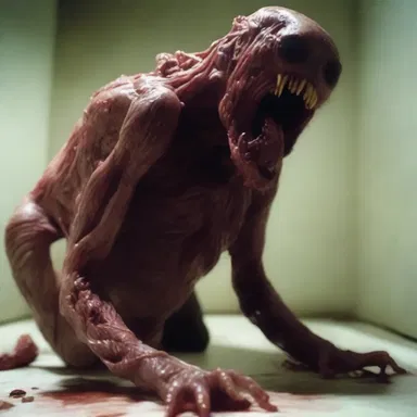 The horror movie depicted a terrifying scene where a creature crawled out from a person's alimentary tract.