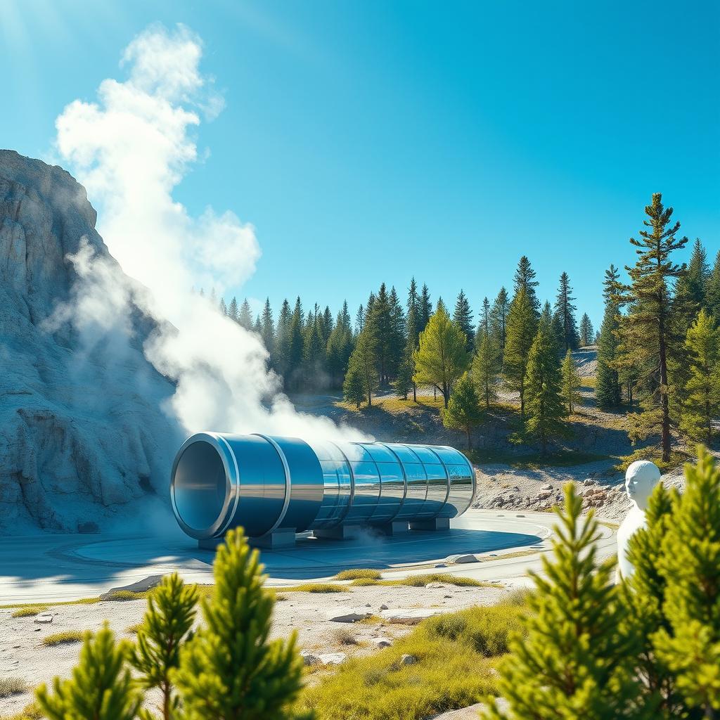 Design a futuristic geothermal energy source set against the stunning backdrop of geothermal geysers and the pristine Siberian nature, including lush green spruce trees in the summer