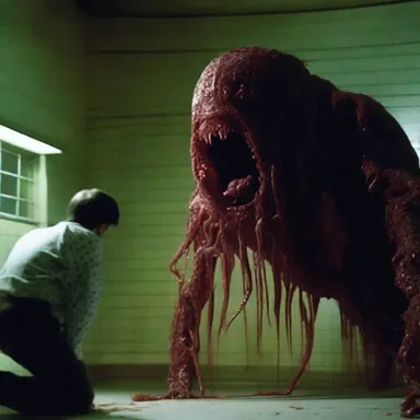 The horror movie depicted a terrifying scene where a creature crawled out from a person's alimentary tract.