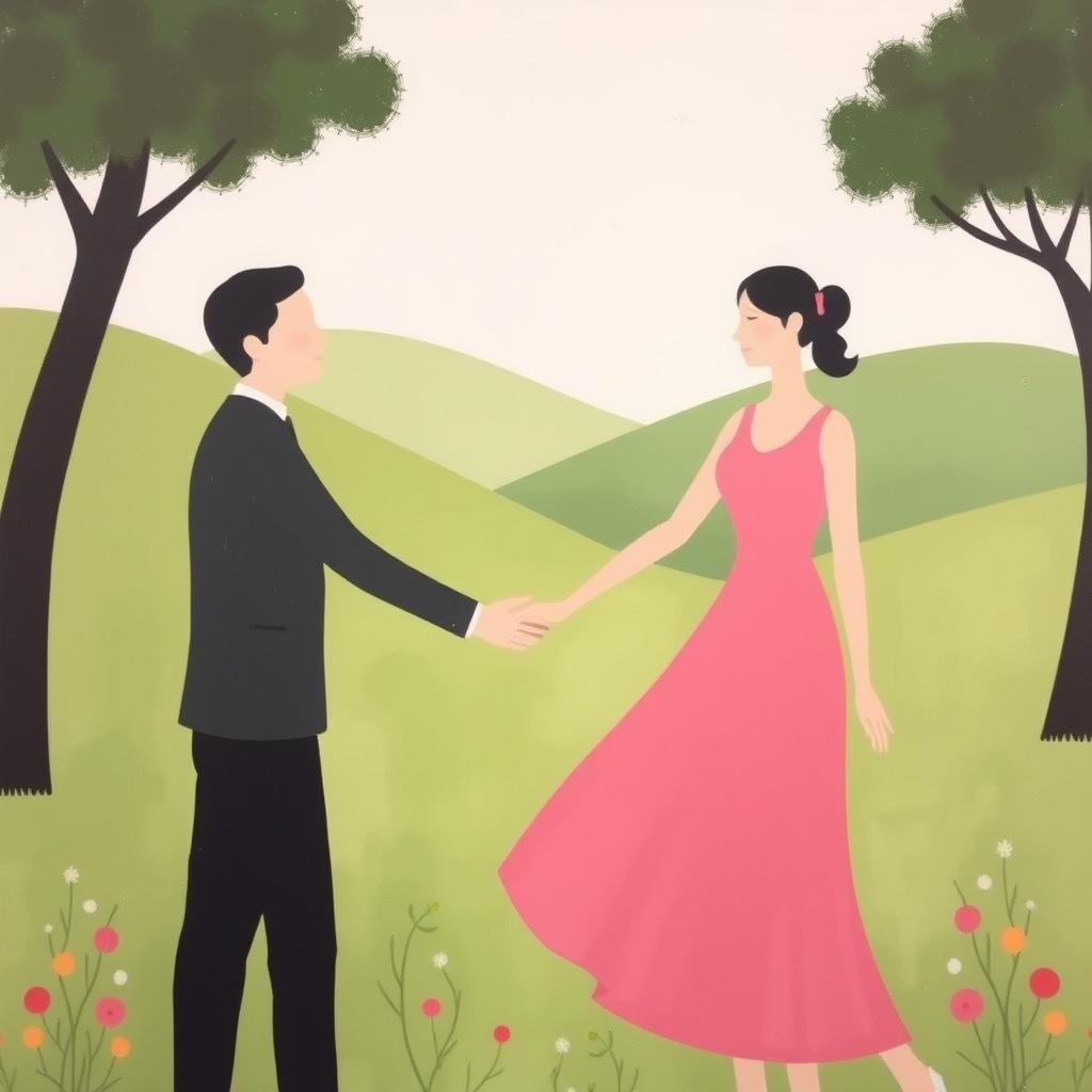 A minimalist painting featuring a woman in a pink dress holding hands with a man, set against a simple nature background