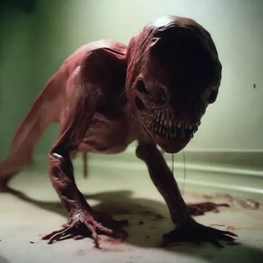 The horror movie depicted a terrifying scene where a creature crawled out from a person's alimentary tract.