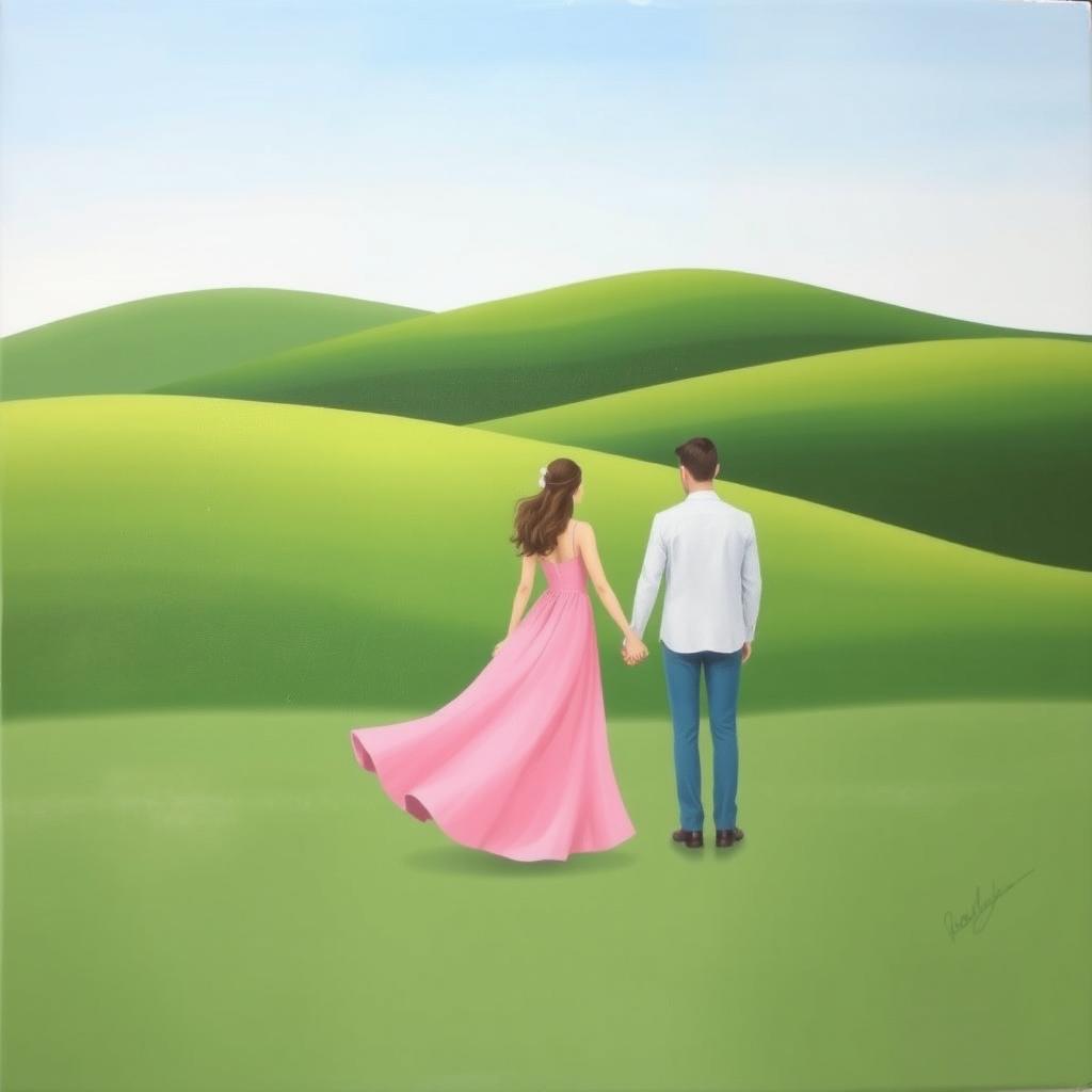 A minimalist and simple painting highlighting a woman in a pink dress holding hands with a man