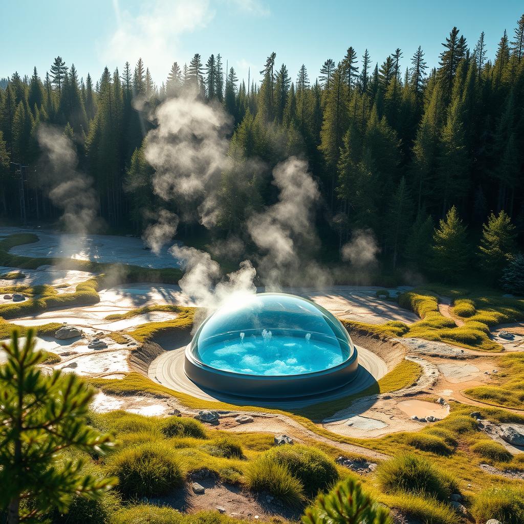 Design a futuristic geothermal energy source integrated within the dramatic landscape of geothermal geysers, surrounded by the stunning Siberian nature and lush green spruce trees in the summer