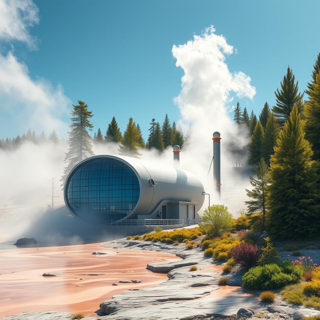 Design a futuristic geothermal energy source situated in the awe-inspiring landscape of geothermal geysers, surrounded by the breathtaking Siberian nature featuring lush green spruce trees during the summer