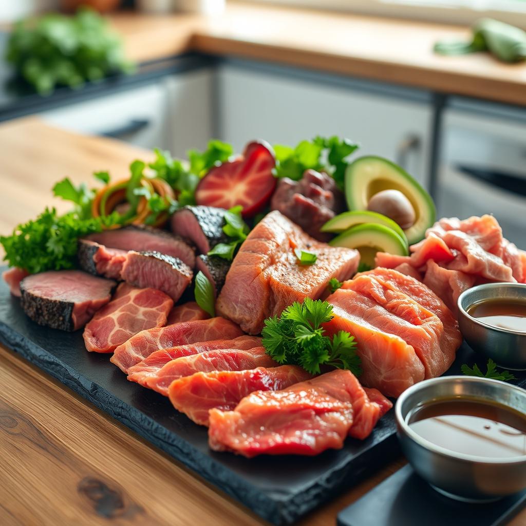 An artistic representation of a carnivore diet superfood spread, featuring an assortment of nutrient-rich meats such as grass-fed beef, wild-caught salmon, organ meats like liver and heart, alongside vibrant garnishes like fresh parsley and sliced avocados
