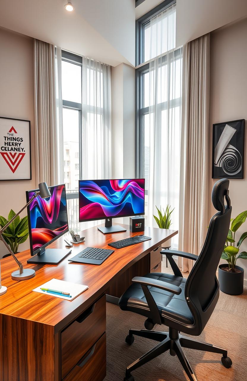 A professional workspace with a sleek modern design, featuring a high-end desk made of polished wood, a comfortable ergonomic chair, and a large computer monitor displaying vibrant graphics