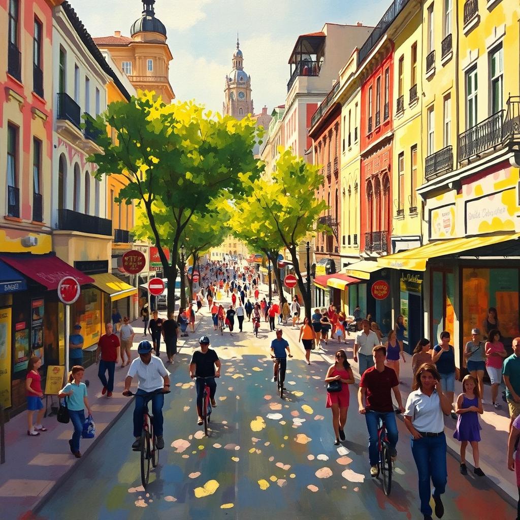 An impressionist painting depicting a vibrant and bustling cityscape filled with busy streets, lively pedestrians, and colorful storefronts