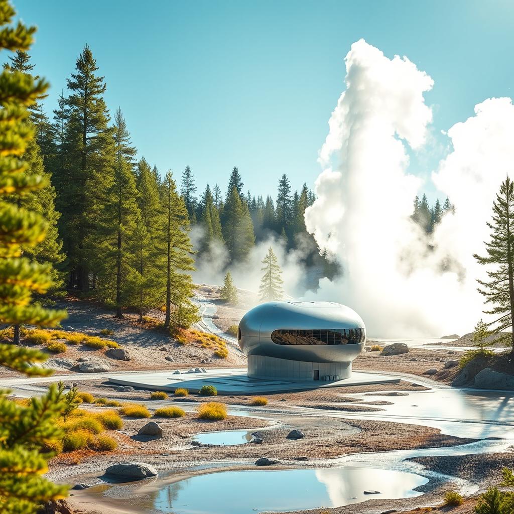 Design a futuristic geothermal energy facility positioned against the breathtaking backdrop of geothermal geysers, surrounded by the vibrant Siberian wilderness featuring lush green spruce trees in the summer