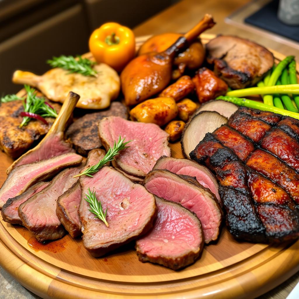 A mouthwatering display of various delicious meats including lamb, beef, chicken, and pork, artistically arranged on a large wooden platter