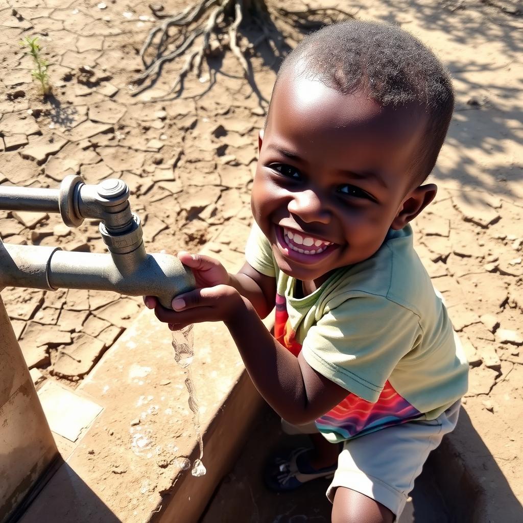 A joyful child drinking water from a faucet in a dry place, surrounded by cracked earth and sparse vegetation, with a big smile on their face