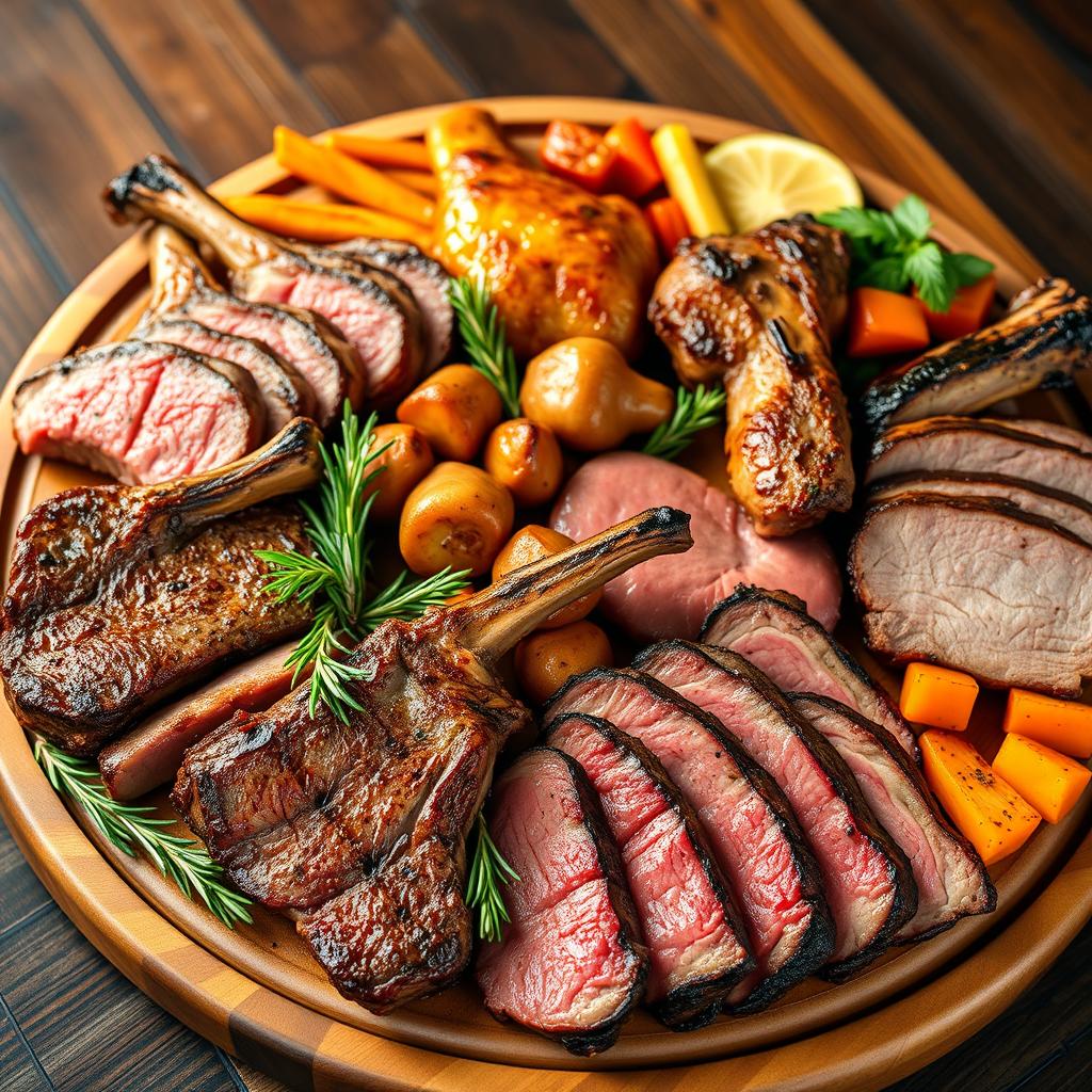 A sumptuous and tantalizing display of nothing but delicious assorted meats including lamb, beef, chicken, and pork, beautifully arranged on a large wooden serving platter