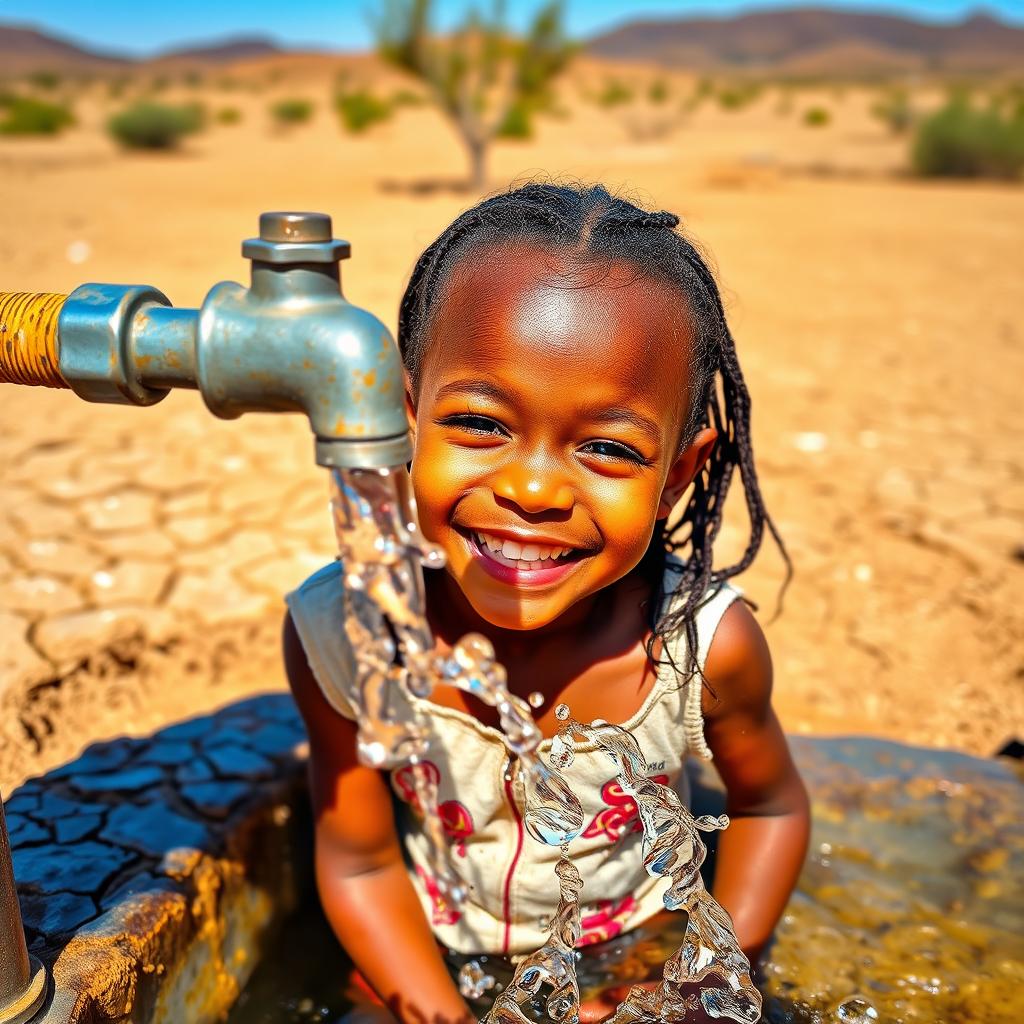 A happy young girl drinking water from a faucet in a dry, arid environment, with parched ground and sparse vegetation
