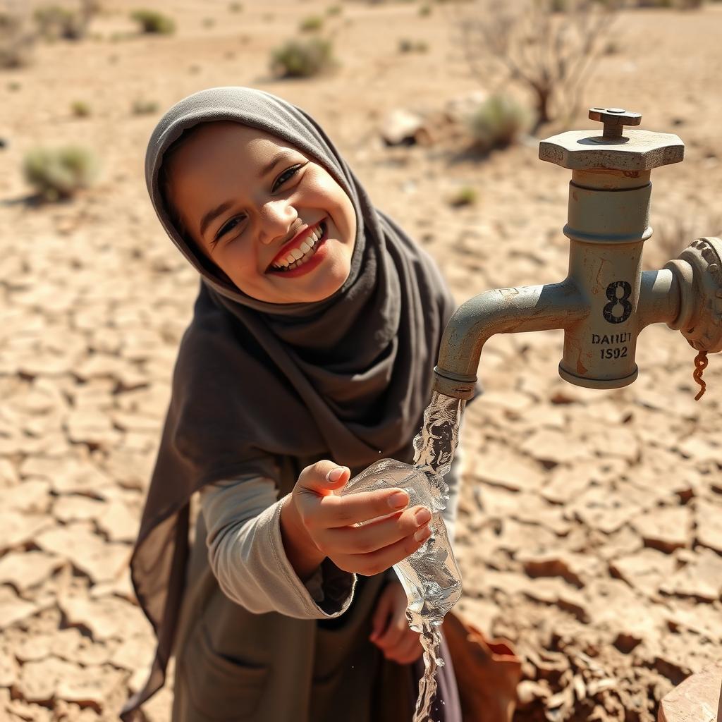 A happy girl wearing a hijab, joyfully drinking water from a tap in a dry, arid landscape