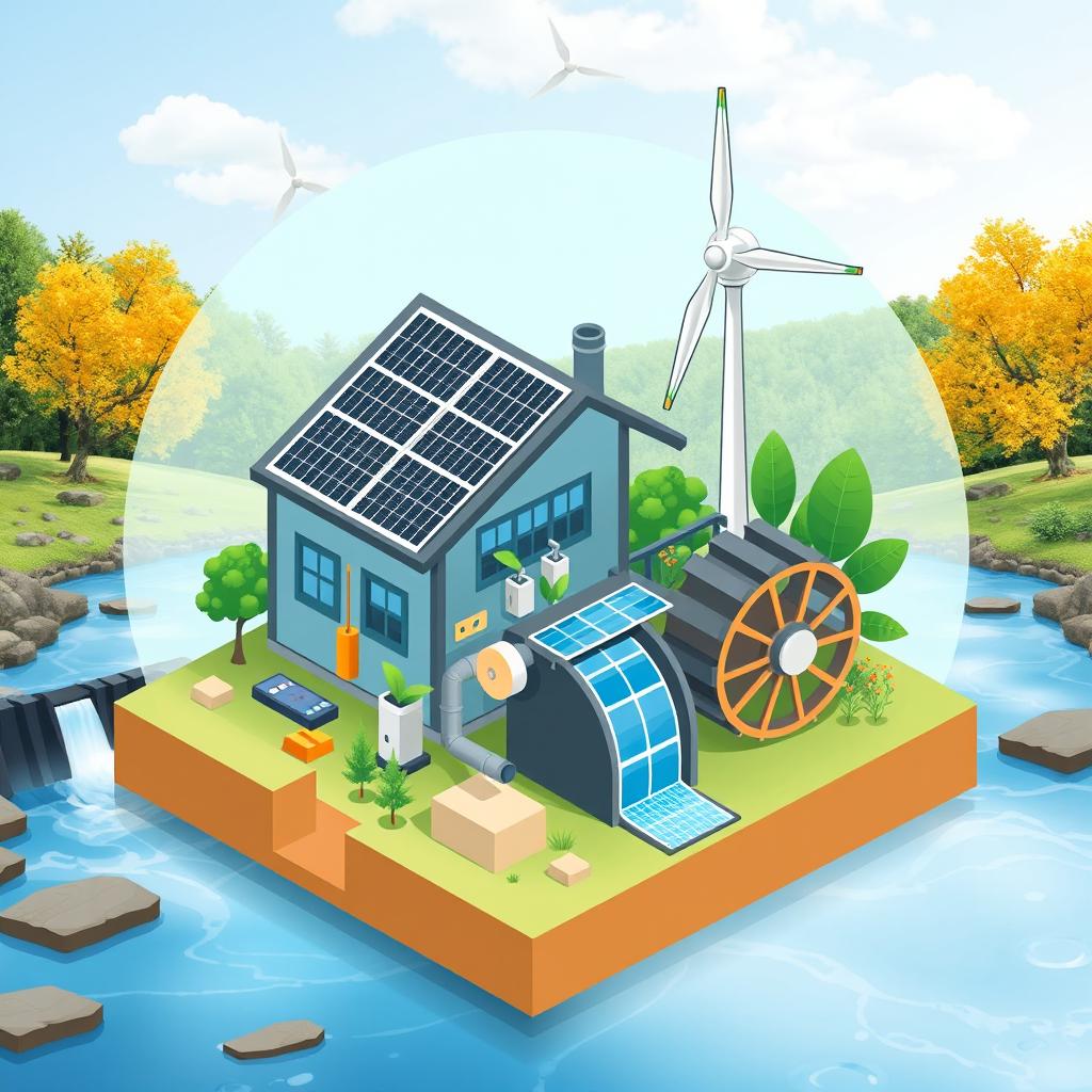 Create a graphic design for a mini renewable energy system, showcasing a modern and innovative setup