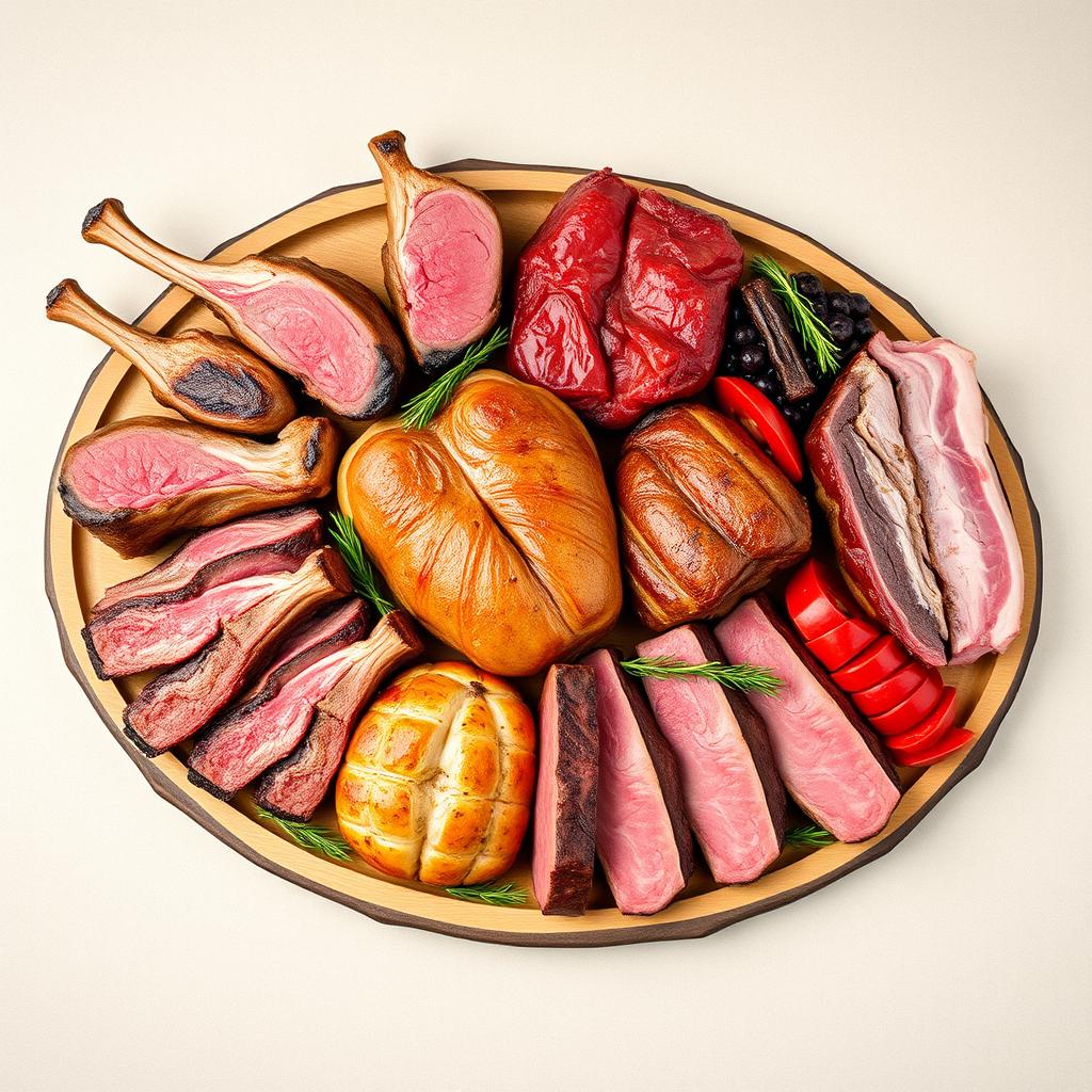 An exquisite display featuring nothing but a variety of delicious meats including lamb, beef, chicken, and pork
