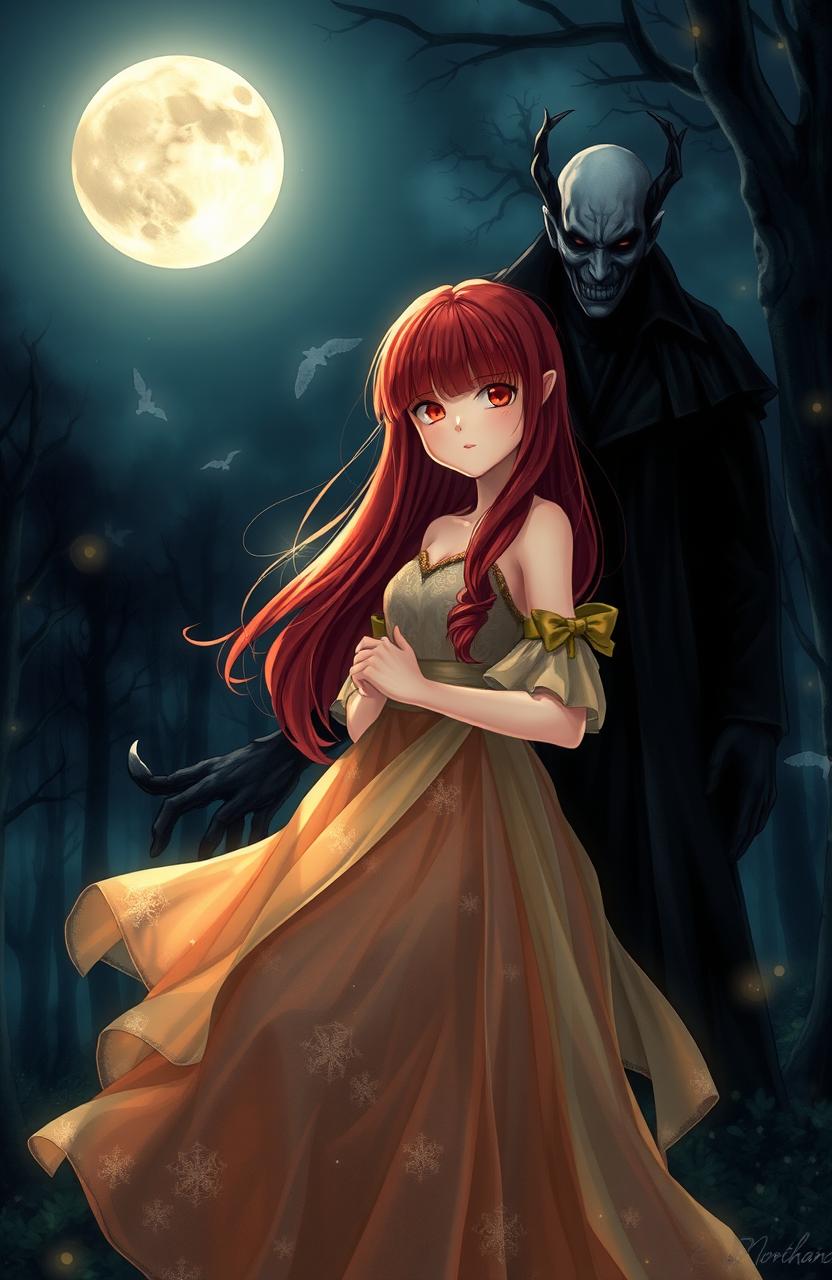 A magical night scene illuminated by a full moon, featuring a girl with long reddish hair and bangs standing confidently under the glowing moonlight