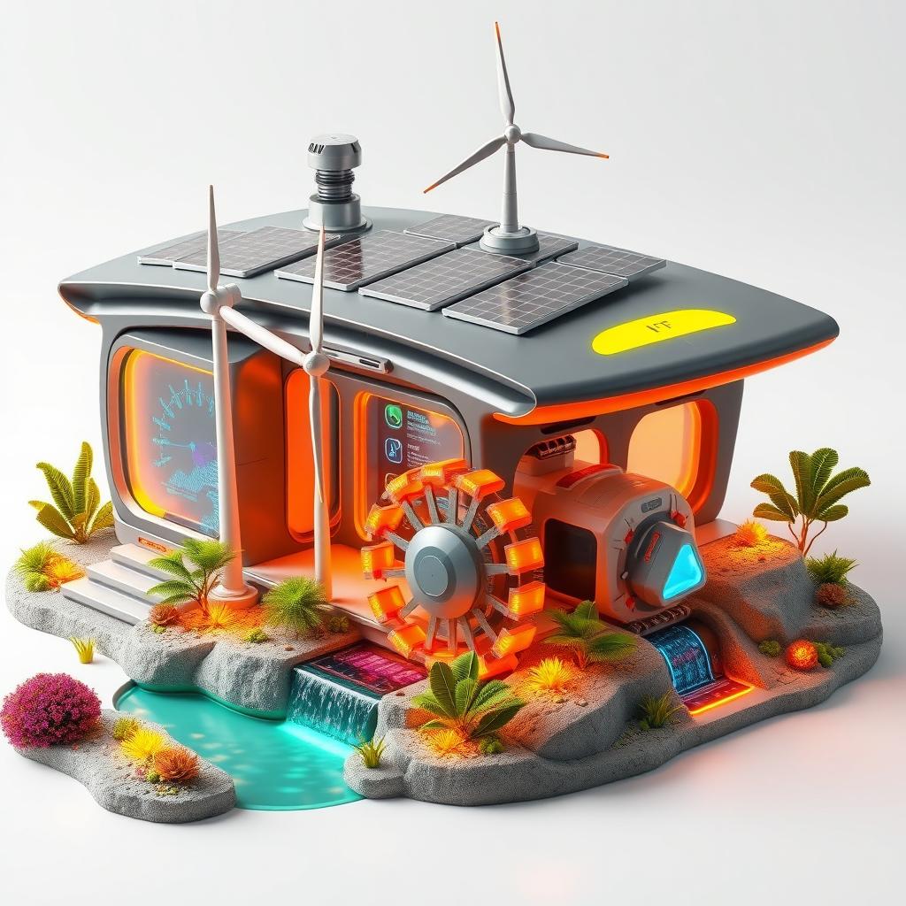 Design a futuristic mini renewable energy system that integrates cutting-edge technology and sustainable energy sources