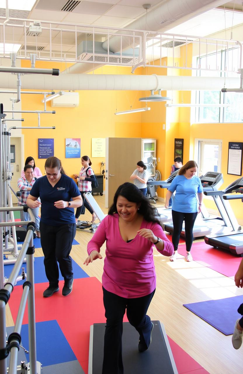 A modern rehabilitation center designed for mobility-impaired individuals, featuring state-of-the-art equipment like parallel bars, treadmills, and specialized exercise machines
