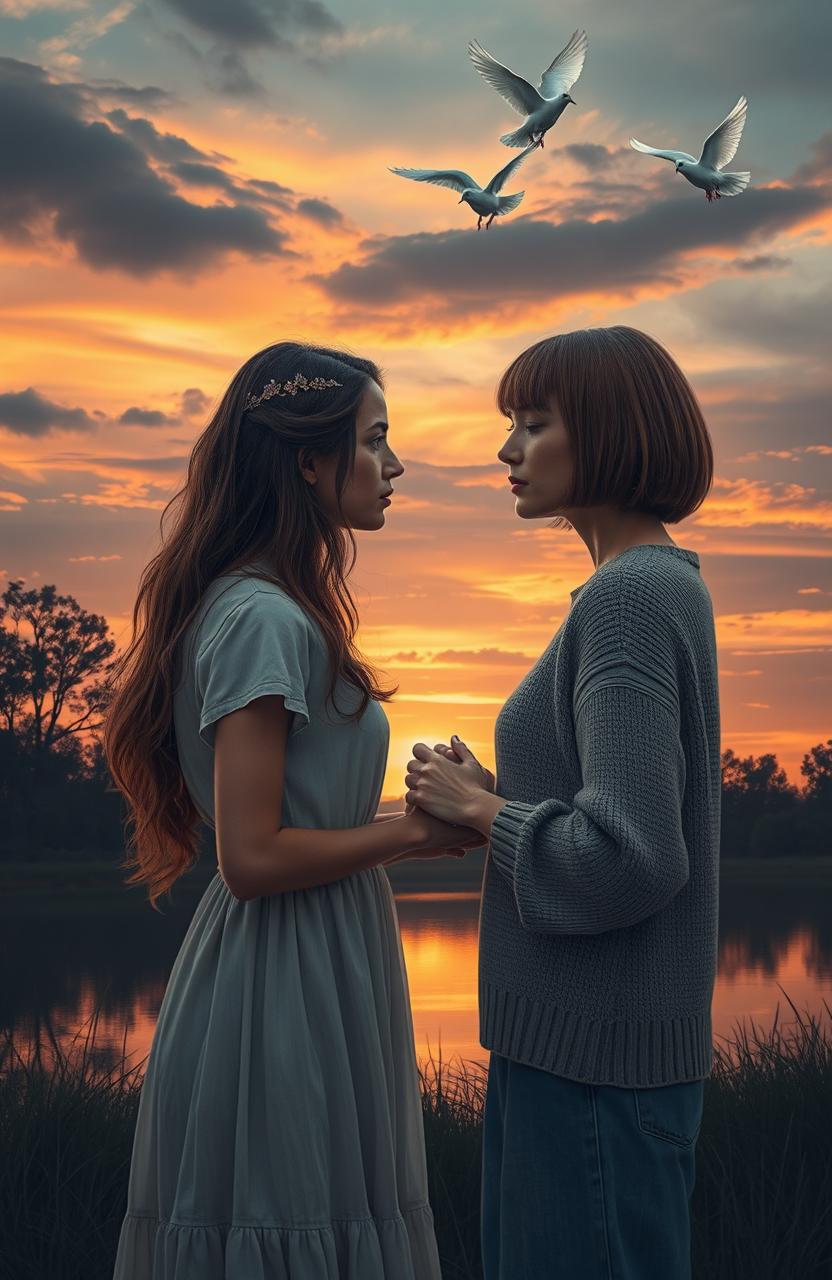 A poignant scene depicting the tragic end of a deep romantic relationship between two women, set against a serene but melancholic landscape