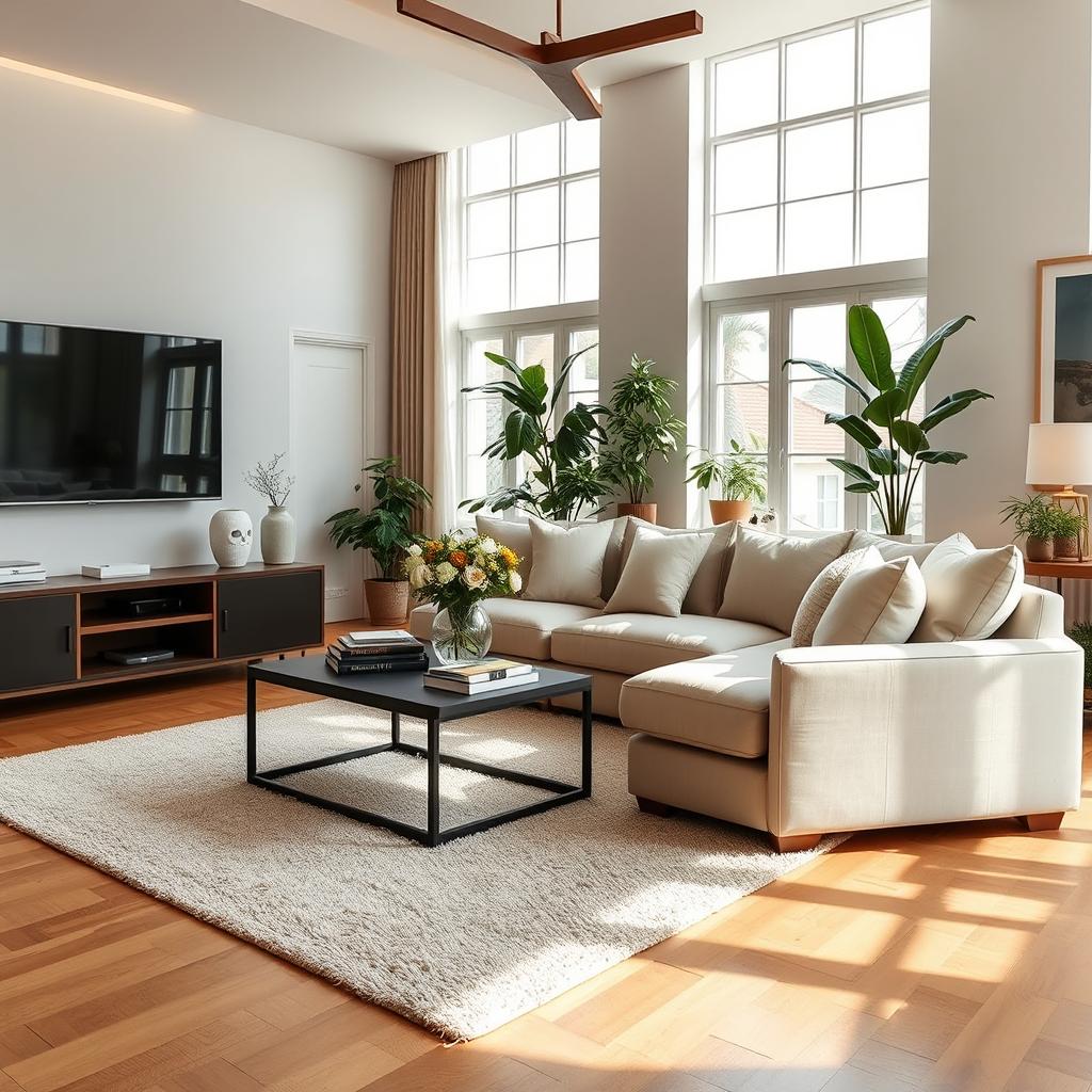 A spacious living room featuring a large, comfortable sofa with plush cushions, positioned prominently in the center