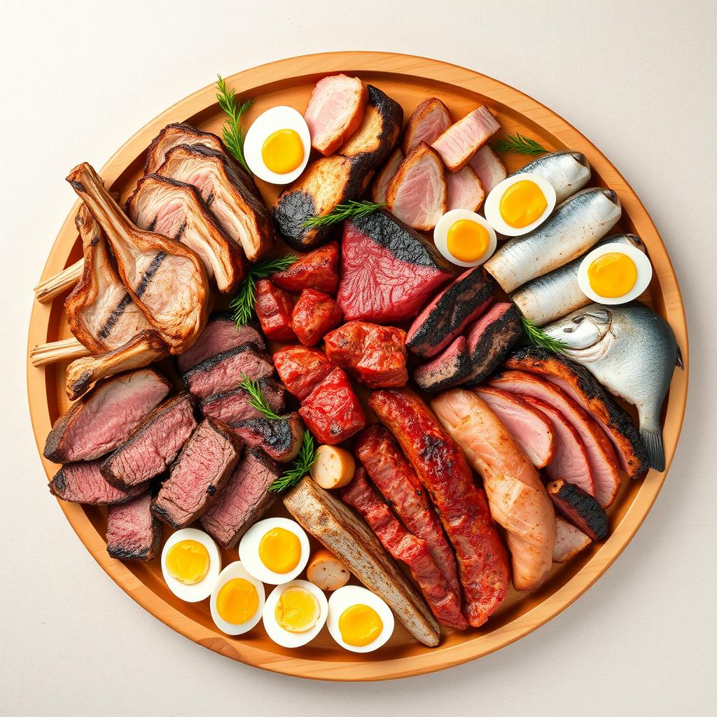 An enticing display featuring only various delicious meats and proteins including lamb, beef, chicken, pork, fish, and eggs, artistically arranged on a large wooden platter