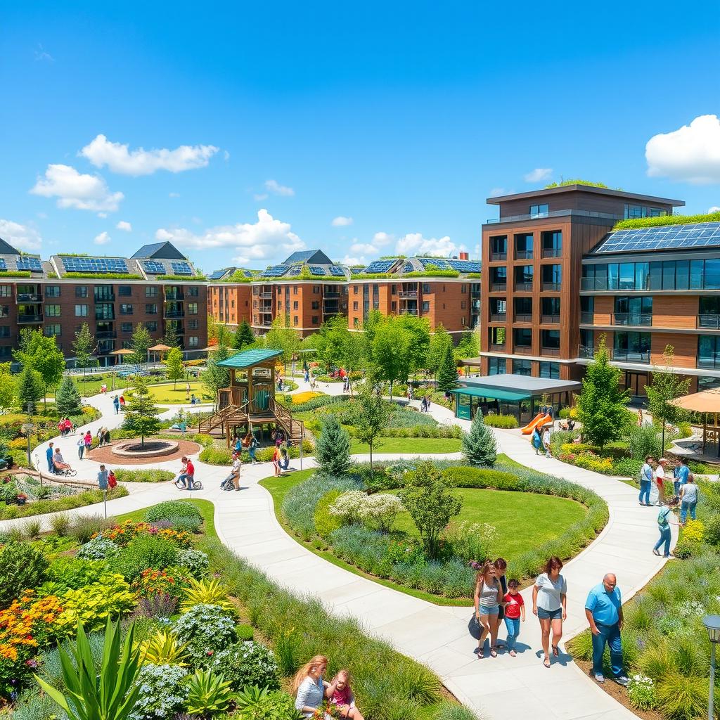 A beautifully designed urban park showcasing modern landscaping and buildings that reflect sustainable development principles