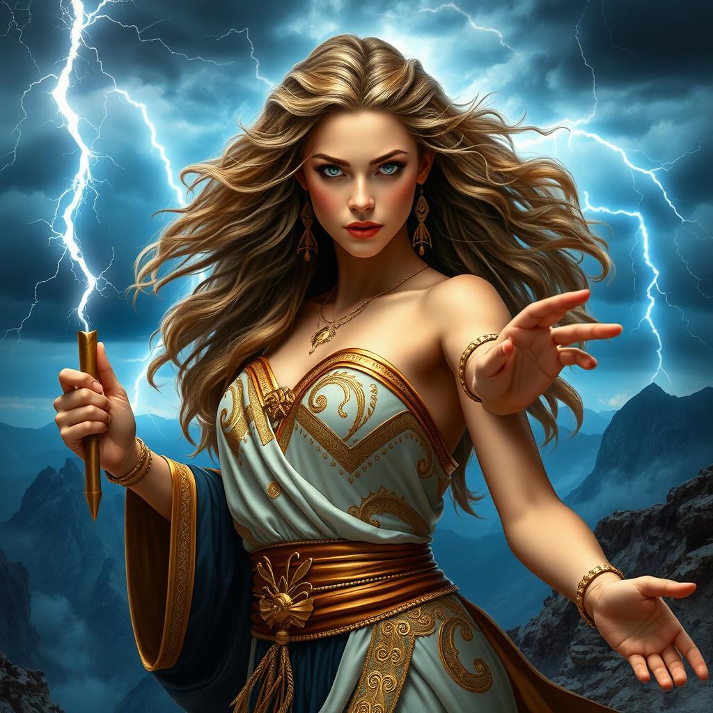 A powerful and enchanting depiction of a young woman embodying the essence of Zeus, the Greek god of the sky and thunder