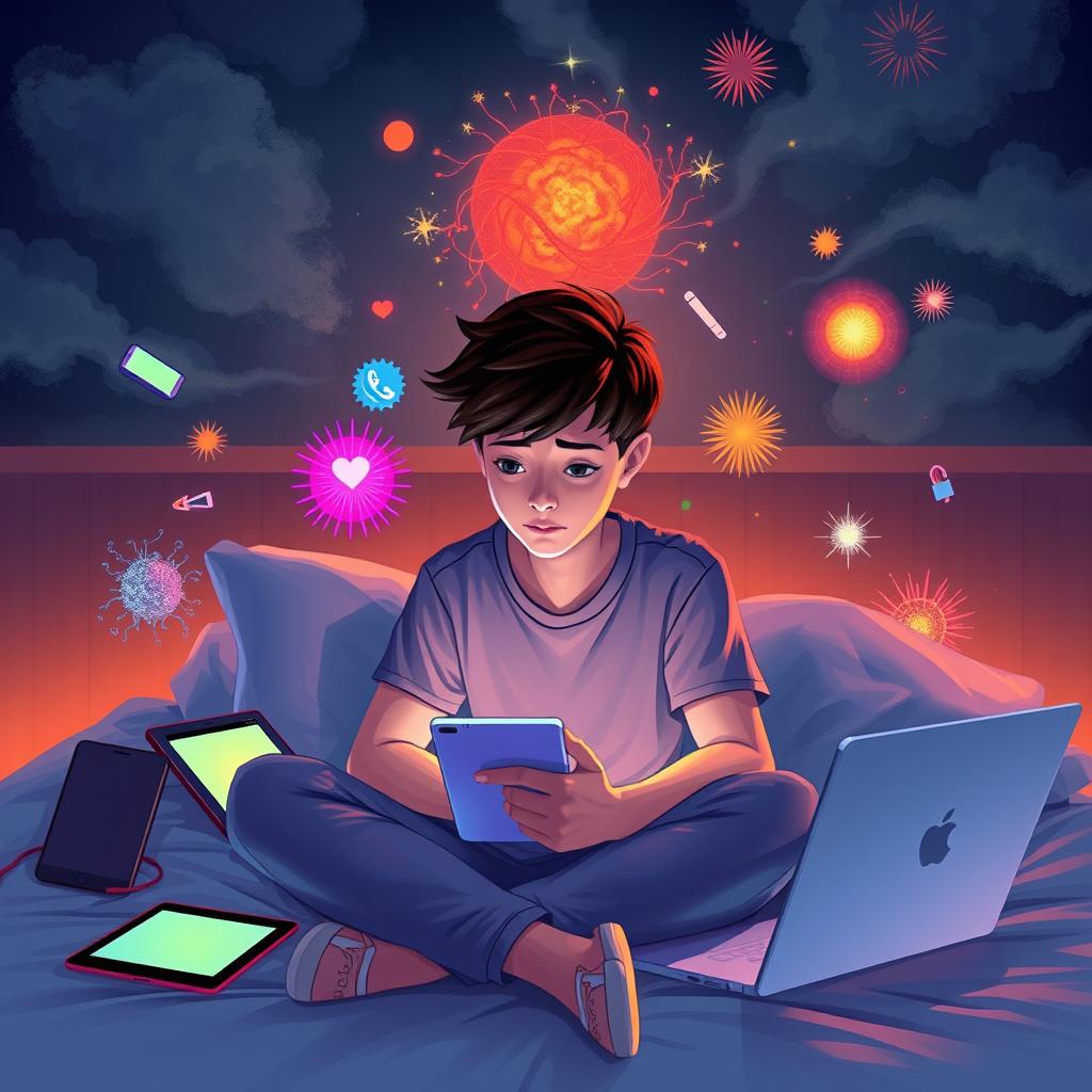A visually striking illustration depicting the concept of screentime affecting teenage mental health