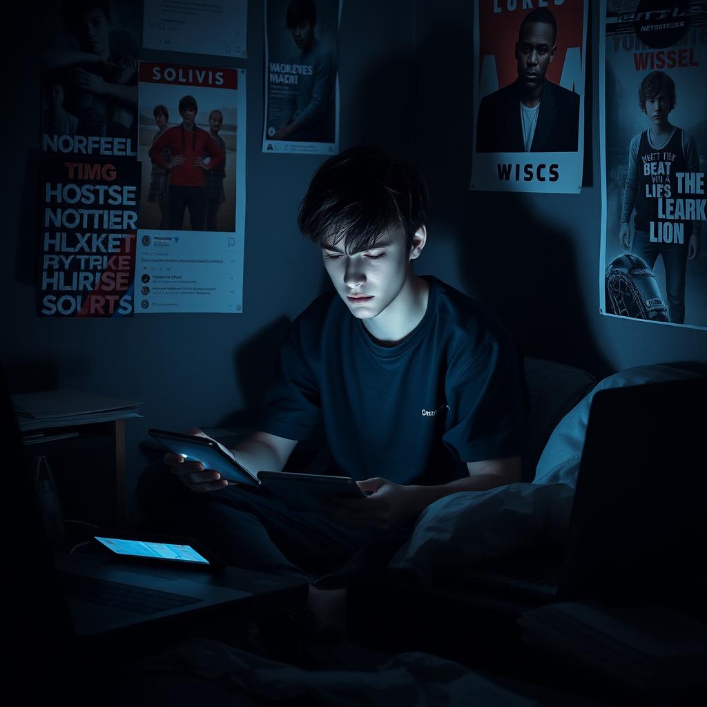 A somber depiction of the impact of screen time on teenage mental health, featuring a teenage boy sitting alone in a dimly lit room, surrounded by multiple electronic devices like smartphones and laptops