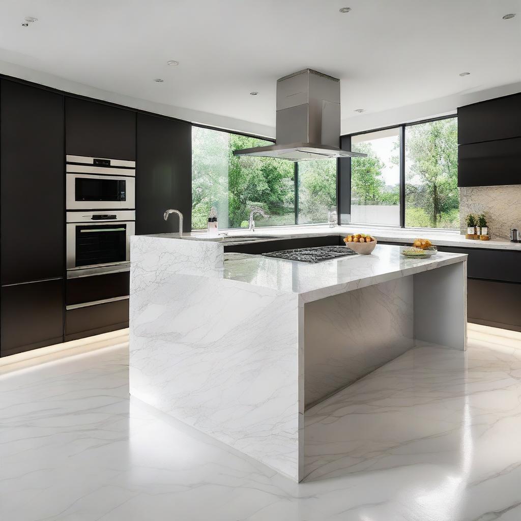 A modern, sleek kitchen with stainless steel appliances, a large center island with marble countertops, recessed lighting, and minimalist high gloss cabinetry.