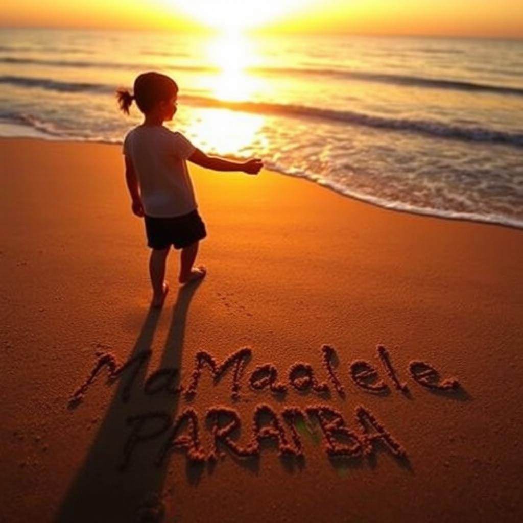 A romantic scene featuring the shadows of a teen couple holding hands on a sandy beach at sunset