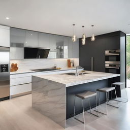 A modern, sleek kitchen with stainless steel appliances, a large center island with marble countertops, recessed lighting, and minimalist high gloss cabinetry.