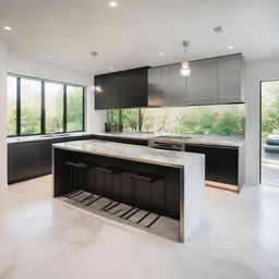 A modern, sleek kitchen with stainless steel appliances, a large center island with marble countertops, recessed lighting, and minimalist high gloss cabinetry.