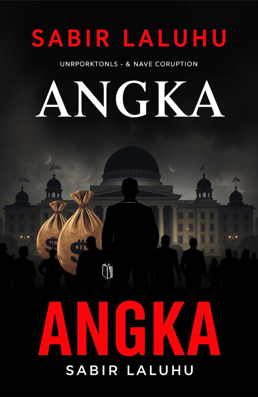 A novel cover design for a book titled "ANGKA" by Sabir Laluhu, showcasing the theme of a major corruption scandal involving politicians, members of parliament, powerful palace authorities, and wealthy businessmen