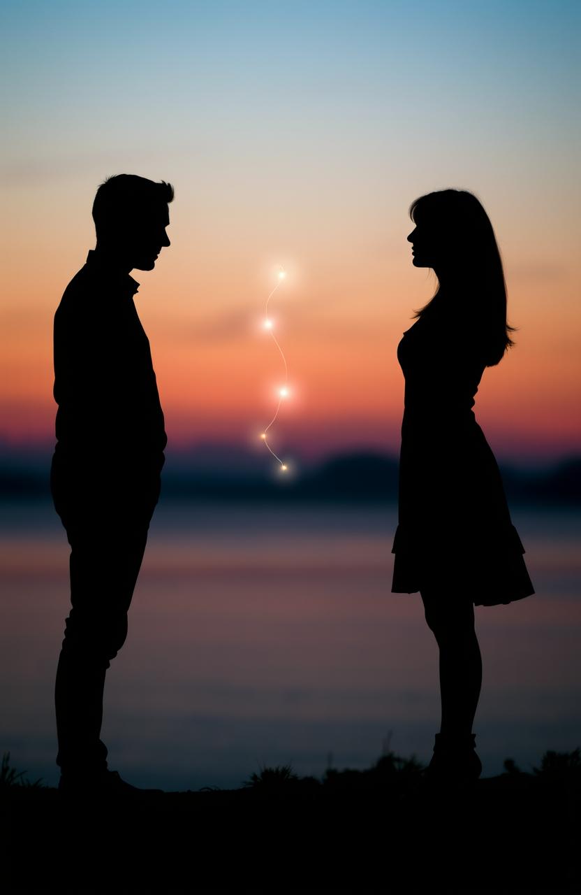 Silhouettes of a man and a woman standing on opposite sides of the image, with a delicate, glowing thread of light connecting them