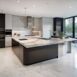 A modern, sleek kitchen with stainless steel appliances, a large center island with marble countertops, recessed lighting, and minimalist high gloss cabinetry.