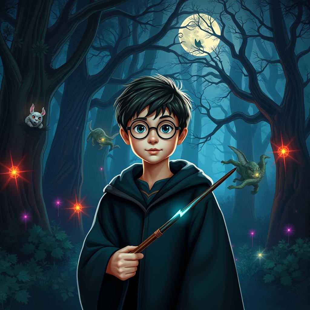 A magical scene set in the Forbidden Forest of the Harry Potter universe, featuring a young wizard with round glasses and a lightning bolt scar, wearing a wizarding robe, holding a wand
